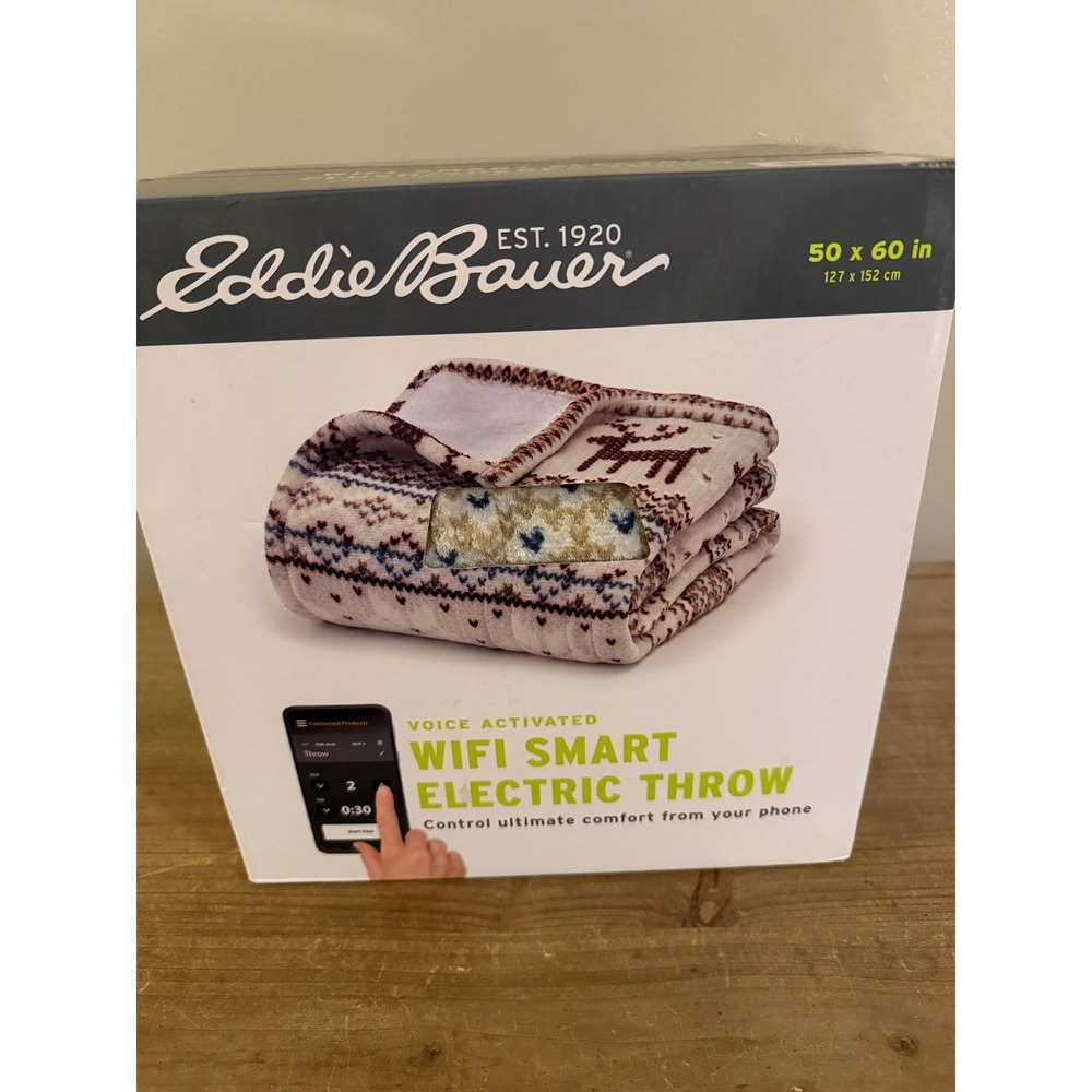 Eddie Bauer WiFi Smart Electric Throw Plush Sherpa‎ Fair Isle Reindeer 50x60 NEW